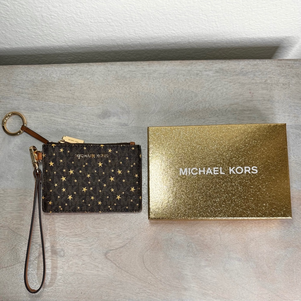 Michael Kors Jet Set Small Coin Purse Wristlet- MK monogram & Gold stars *New*